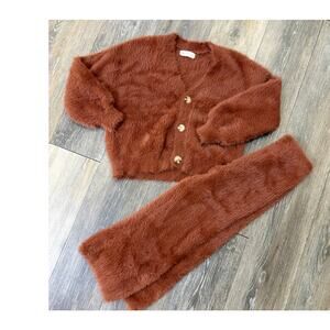 Rylee + Cru Girls Fuzzy Knit Set Cardigan Pants Brown Cozy Size 6-7Y